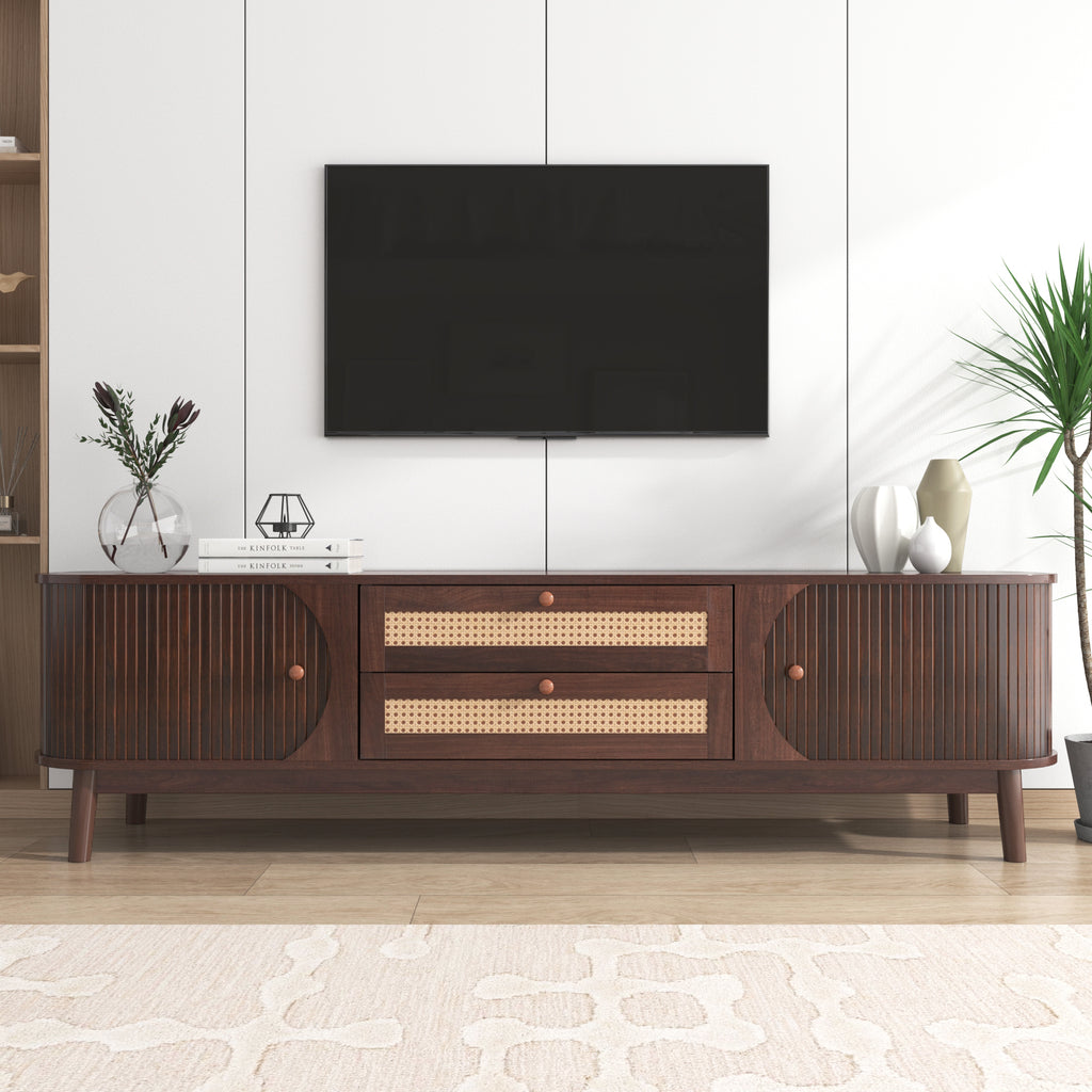 Leoglint Rattan TV Stand for TVs up to 75'', Modern Farmhouse Media Console, Entertainment Center with Solid Wood Legs, TV Cabinet for Living Room,Home Theatre