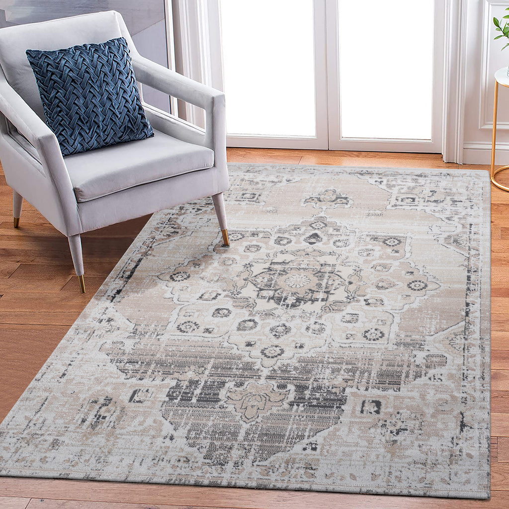 Leoglint 5X7 Cream/Beige /Medallion Non-Shedding Living Room Bedroom Dining Home Office Stylish and Stain Resistant Area Rug