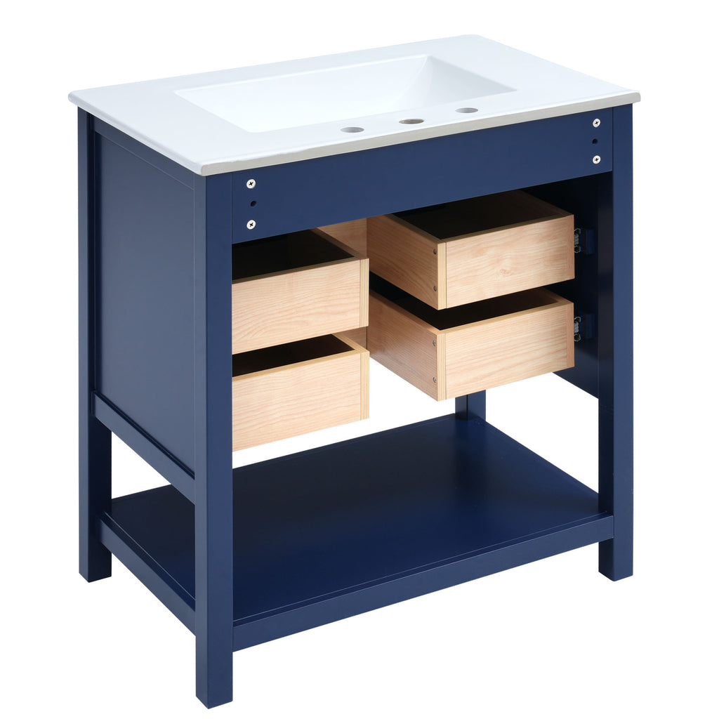 Leoglint [Viedo]Modern 30inch Navy Blue/White Bathroom Vanity Cabinet Combo with OpenStorge, Two Drawers