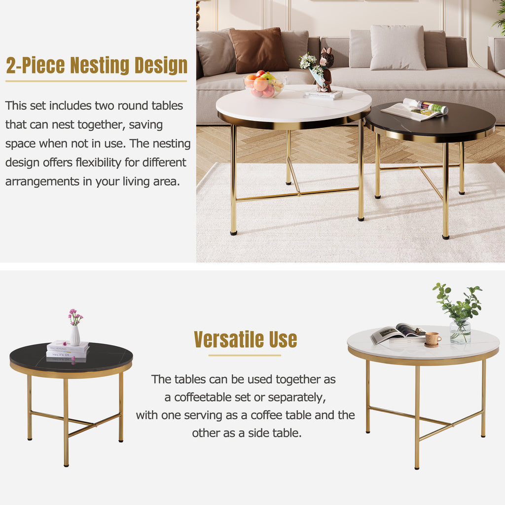 Leoglint Modern Round Nesting Coffee Table Set 2-Piece Black & White Sintered Stone Top Gold Base in 23.6''&17.7''