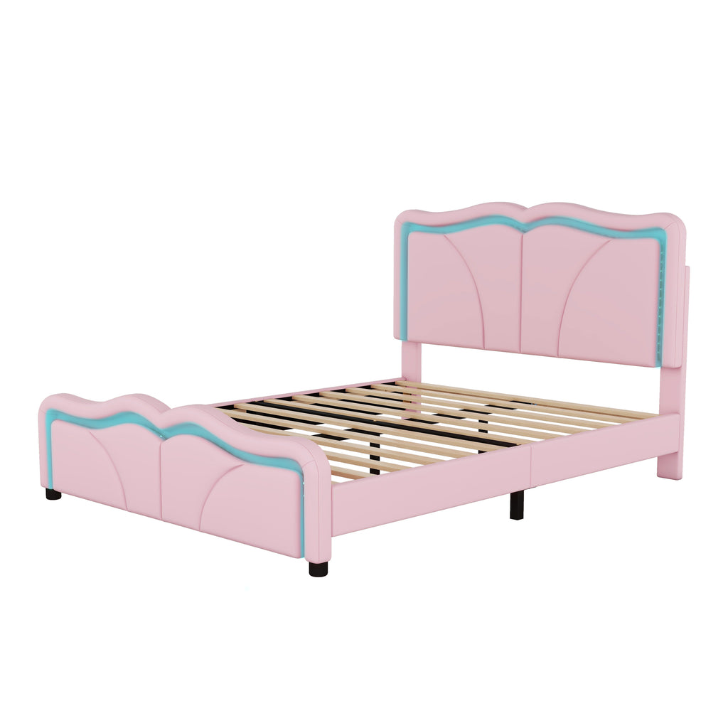 Leoglint Full Size Upholstered Platform Bed Frame with Curve Shaped and Height-adjustbale Headboard,LED Light Strips,Pink