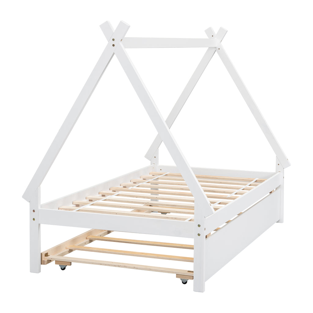 Leoglint Twin size Tent Floor Bed Frame, Teepee Bed, with Trundle,White