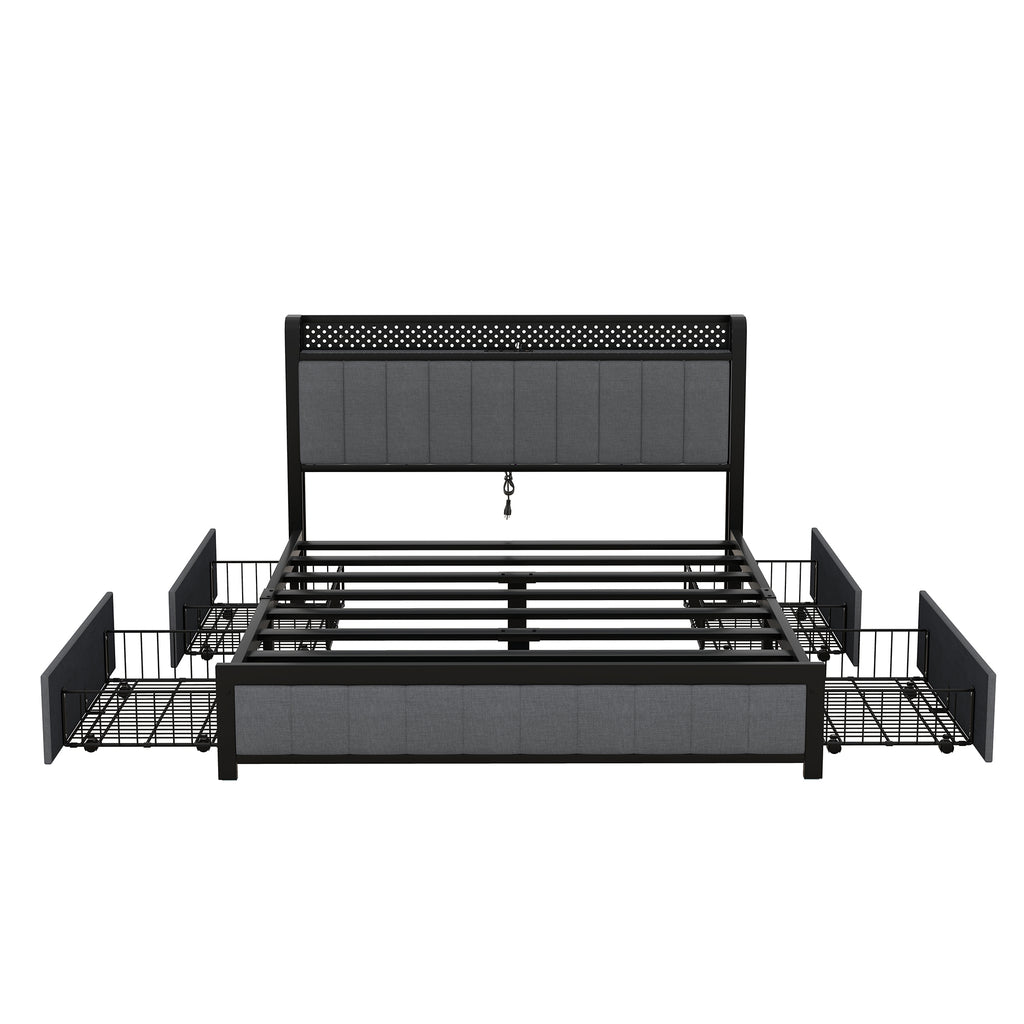 Queen Bed Frame with LED Headboard, Upholstered Bed with 4 Storage Drawers and USB Ports, Dark Grey