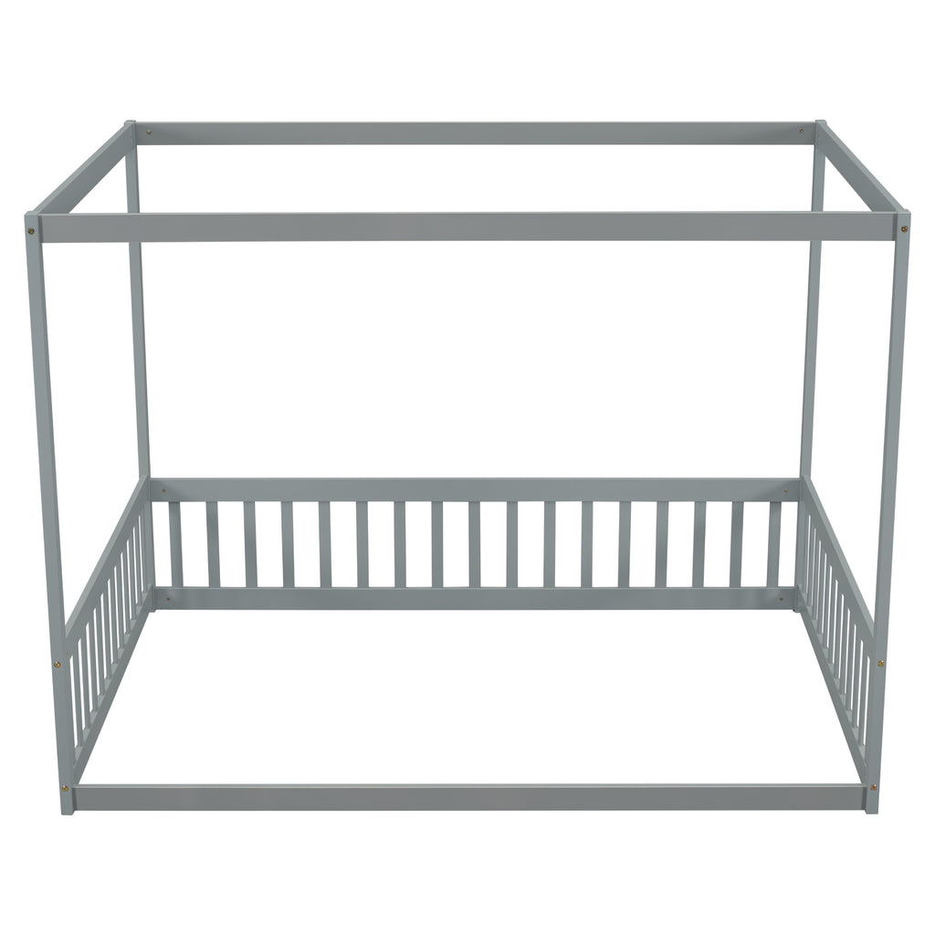 Leoglint Bed Frame Full Size Canopy Frame Floor Bed with Fence, Guardrails,Grey