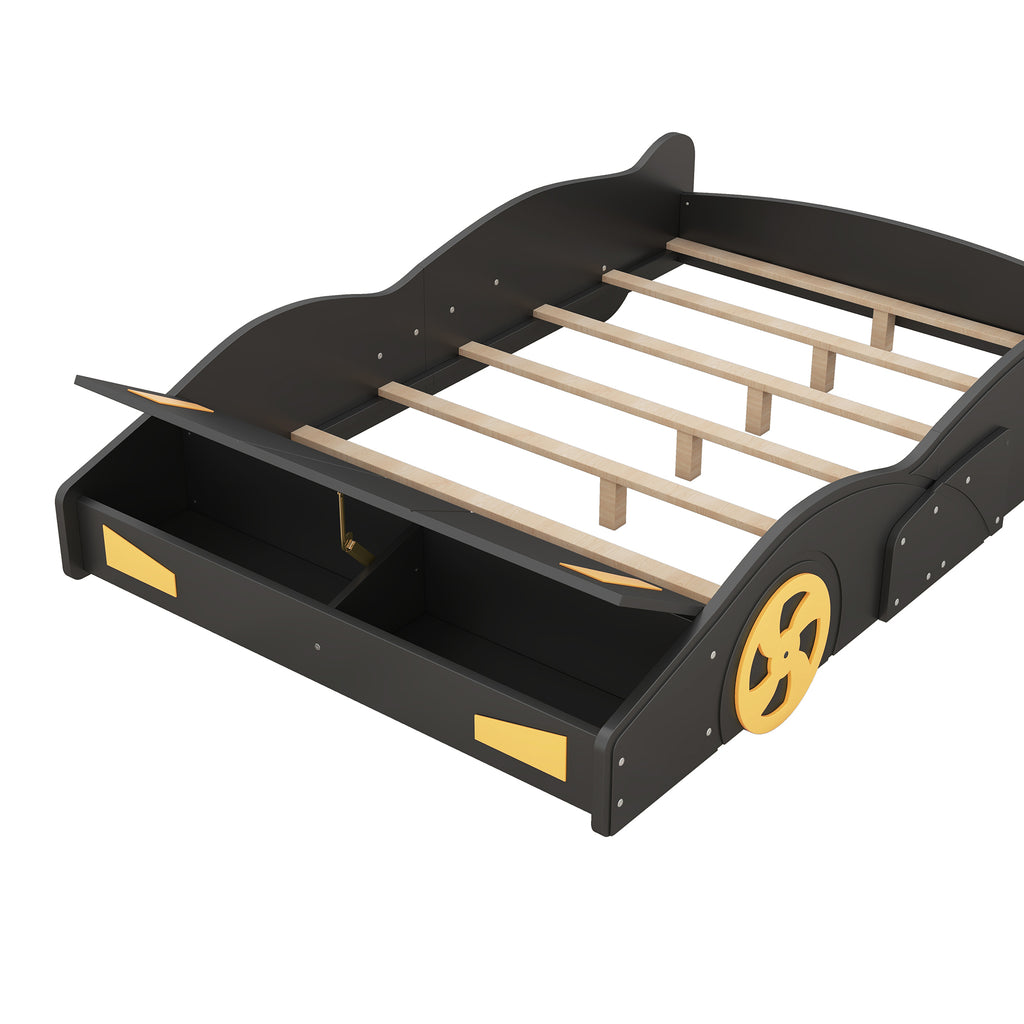 Leoglint Full Size Race Car-Shaped Platform Bed with Wheels and Storage, Black+Yellow