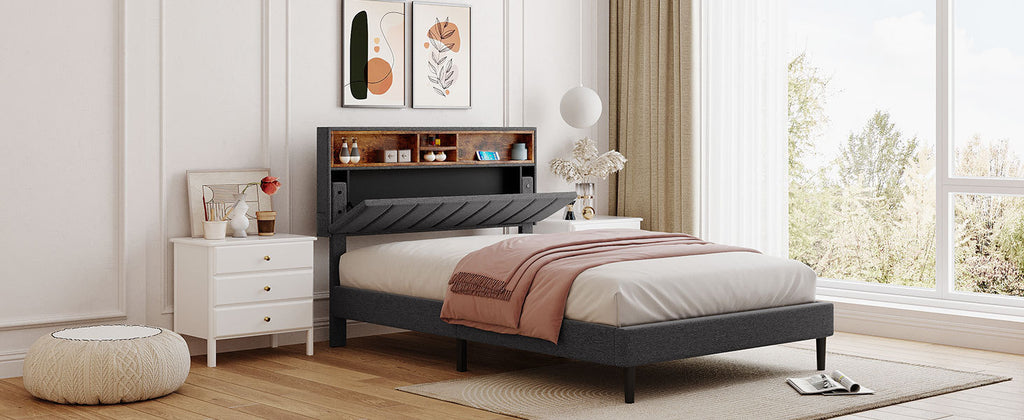 Leoglint Full size Upholstered Platform Bed with Storage Headboard and USB Port,  Linen Fabric Upholstered Bed (Gray)