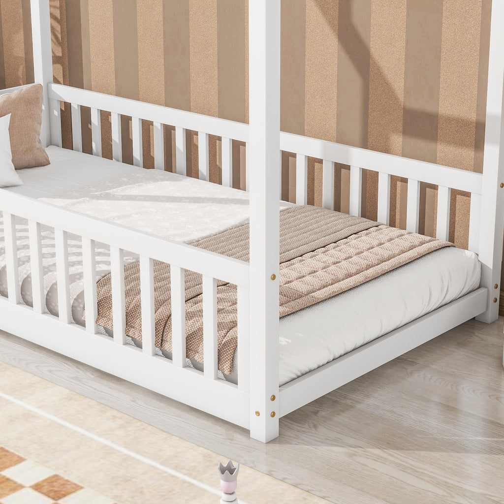 Twin House Bed Frame with Guardrails, Slats ,White