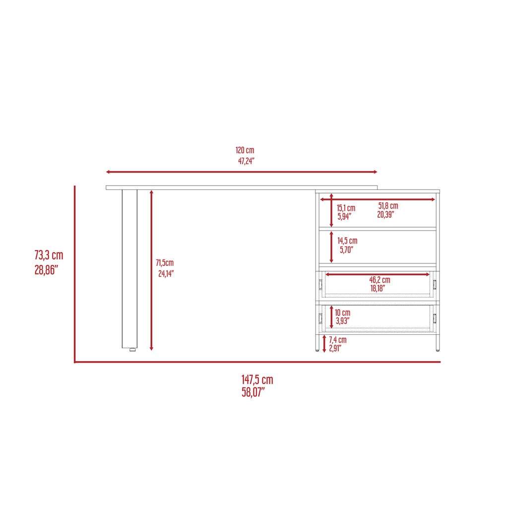 Leoglint Malaui 120 Office Desk, Two Legs, Two Drawers, Two Shelves -Light Gray