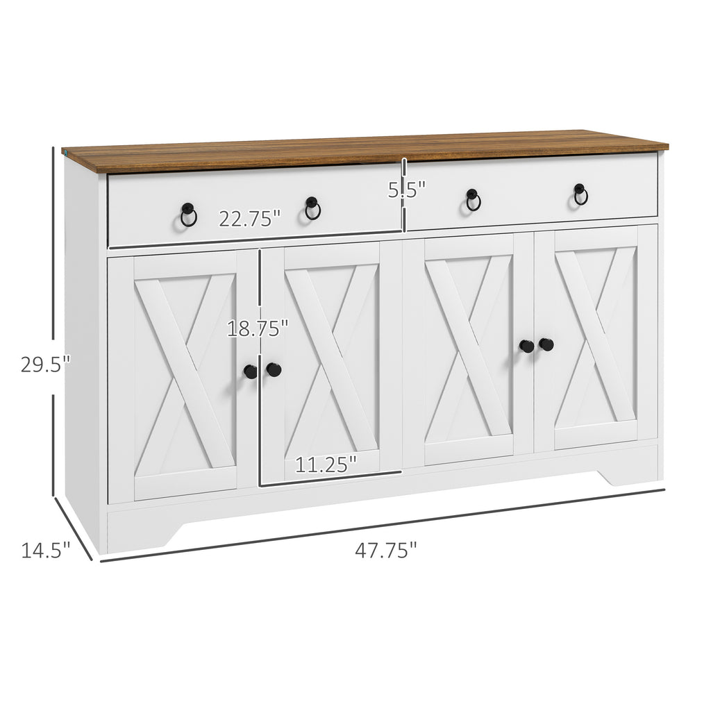 Leoglint Sideboard, Buffet Cabinet with 2 Drawers, 2Storage Cabinets, 4 Barn-Style Doors and Adjustable Shelves, Farmhouse Buffet Table with Storage, Wood Grain Top, White