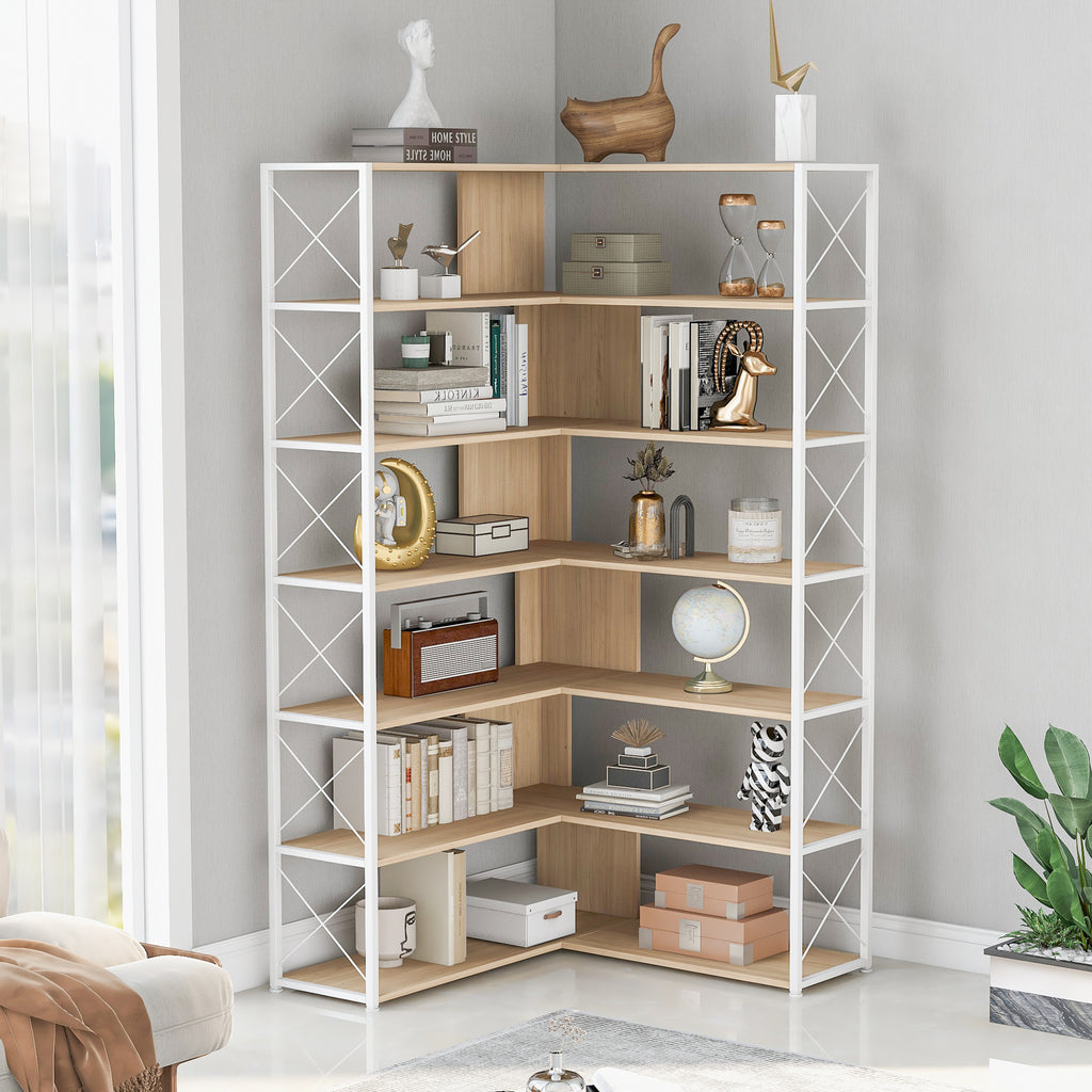 Leoglint 7-Tier Bookcase Home Office Bookshelf,  L-Shaped Corner Bookcase with Metal Frame, Industrial Style Shelf with Open Storage, MDF Board