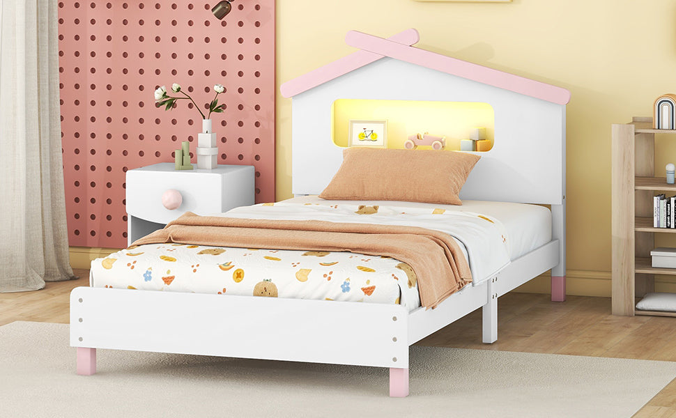 Leoglint Twin Size Wood Platform Bed Frame with House-shaped Headboard and Motion Activated Night Lights (White+Pink)