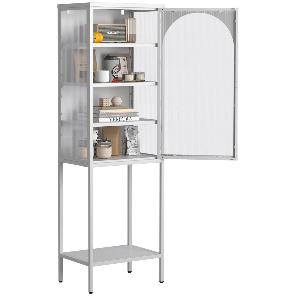 Leoglint Metal Glass Door Display Storage Cabinet - 5-Tier Cube Bookshelf Storage Cabinet with 3 Adjustable Shelves For kitchen, dining room, living room, bathroom, home office,White