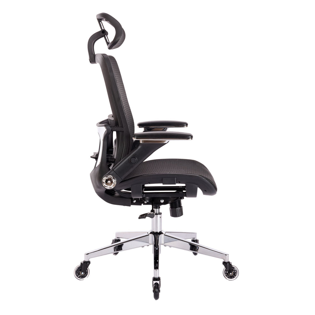 Leoglint BLACK Ergonomic Mesh Office Chair, High Back - Adjustable Headrest with Flip-Up Arms, Tilt and lock Function, Lumbar Support and blade Wheels, KD chrome metal legs