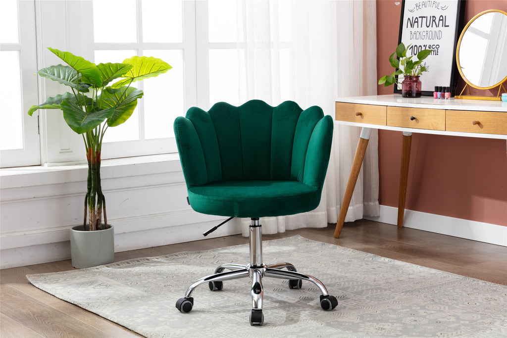 Leoglint COOLMORE Velvet Home Office Chair with silver Base, Modern Cute Shell Back Upholstered Desk Chair for Vanity, Adjustable Swivel Task Chair for Office(Green Velvet)