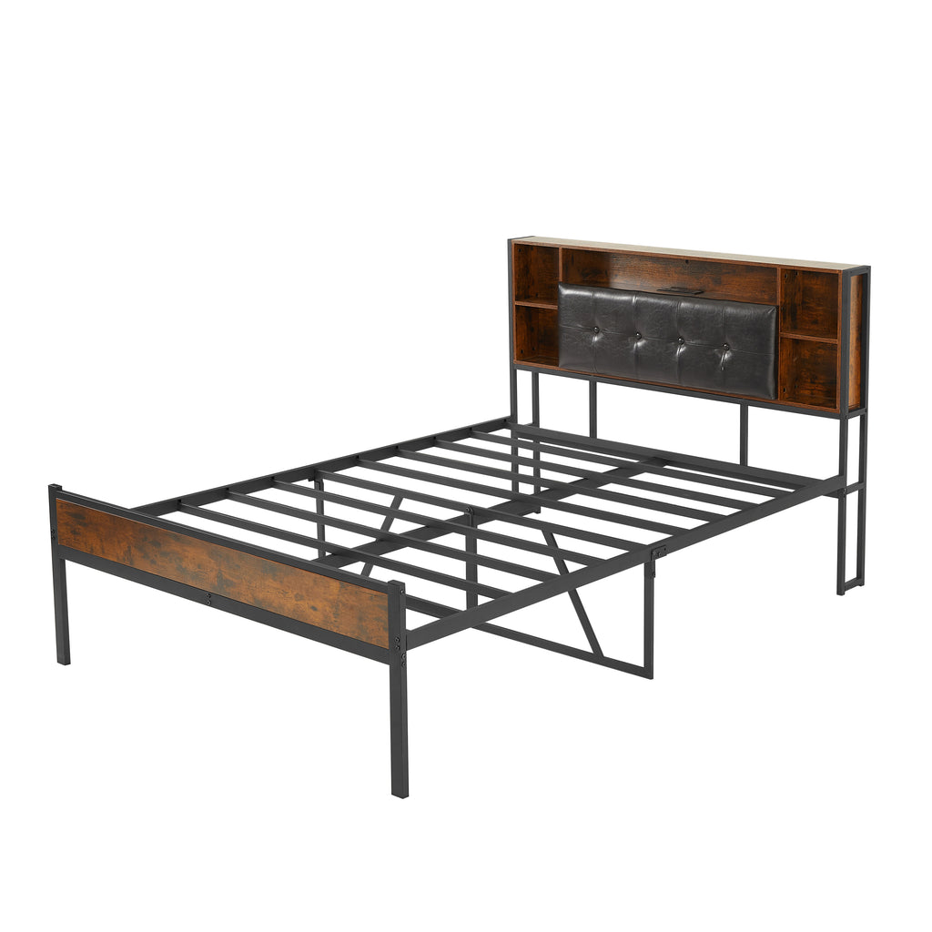 Leoglint Bed Frame with Storage Headboard/USB Charging Station,Metal Platform Bed Frame Full Size No Box Spring Needed,Noise-Free,Strong Steel Slats Support,Rustic Brown