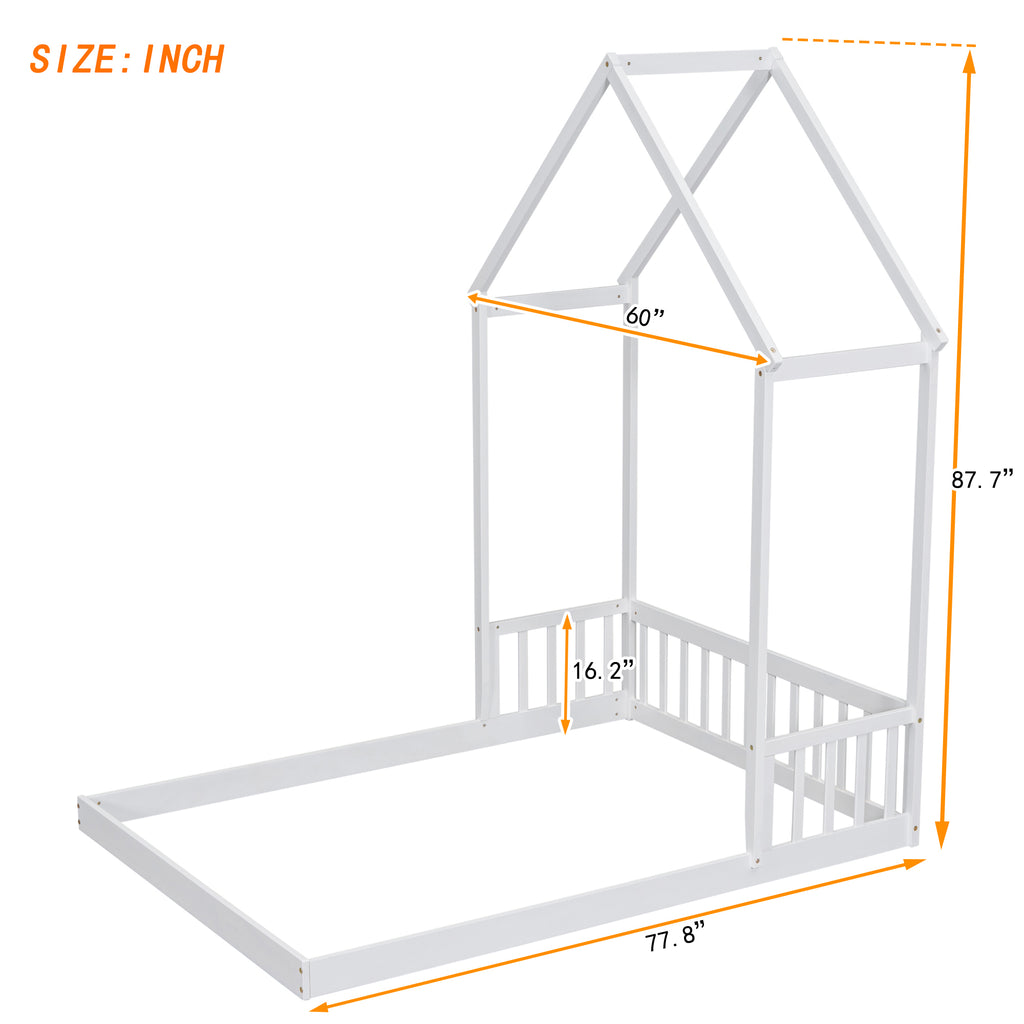 Leoglint Full Roof-framed Headboard Floor Bed with Headboard Guardrails, without Slats White