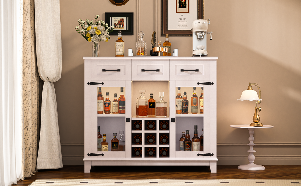 Leoglint 42" Modern Farmhouse Sideboard Buffet Coffee Bar Cabinet Storage Cabinet with LED Charging Station, Wine & Glass Rack,3 Drawers, for Kitchen, Dining Room, Living Room Antique White