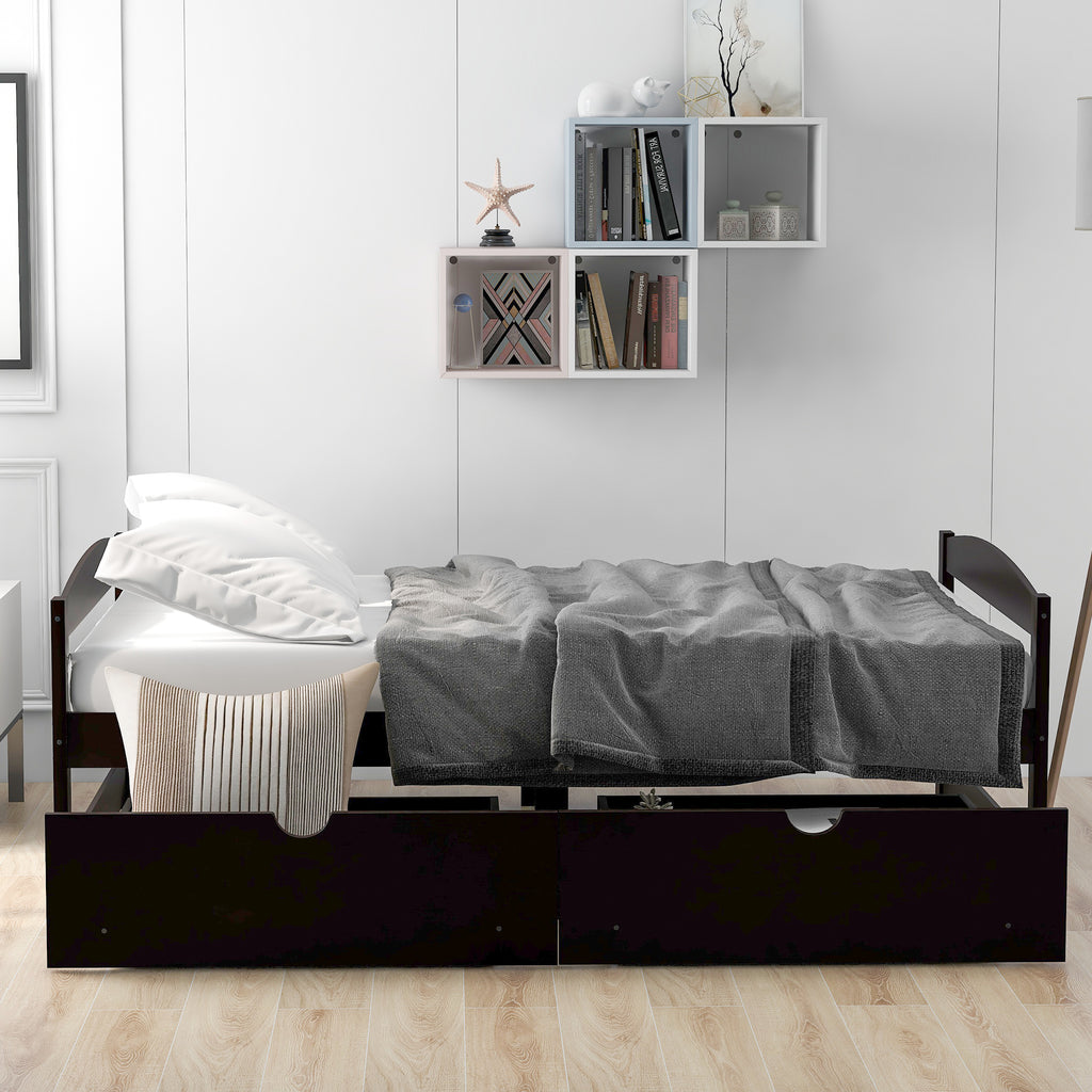 Leoglint Twin size platform bed frame, with two drawers, espresso