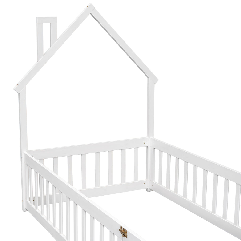 Twin House-Shaped Headboard Floor Bed Frame with Fence,White