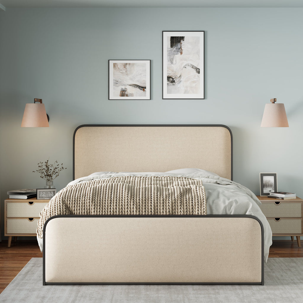 Modern Metal Bed Frame with Curved Upholstered Headboard and Footboard Bed with Under Bed Storage, Heavy Duty Metal Slats, Full Size, Beige