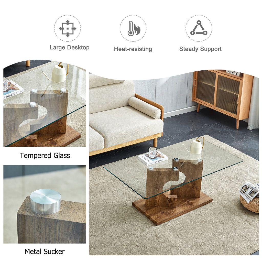 Leoglint A rectangular modern and fashionable coffee table with tempered glass tabletop and wooden color MDF legs. Suitable for living room.47.2"*25.5"*18"