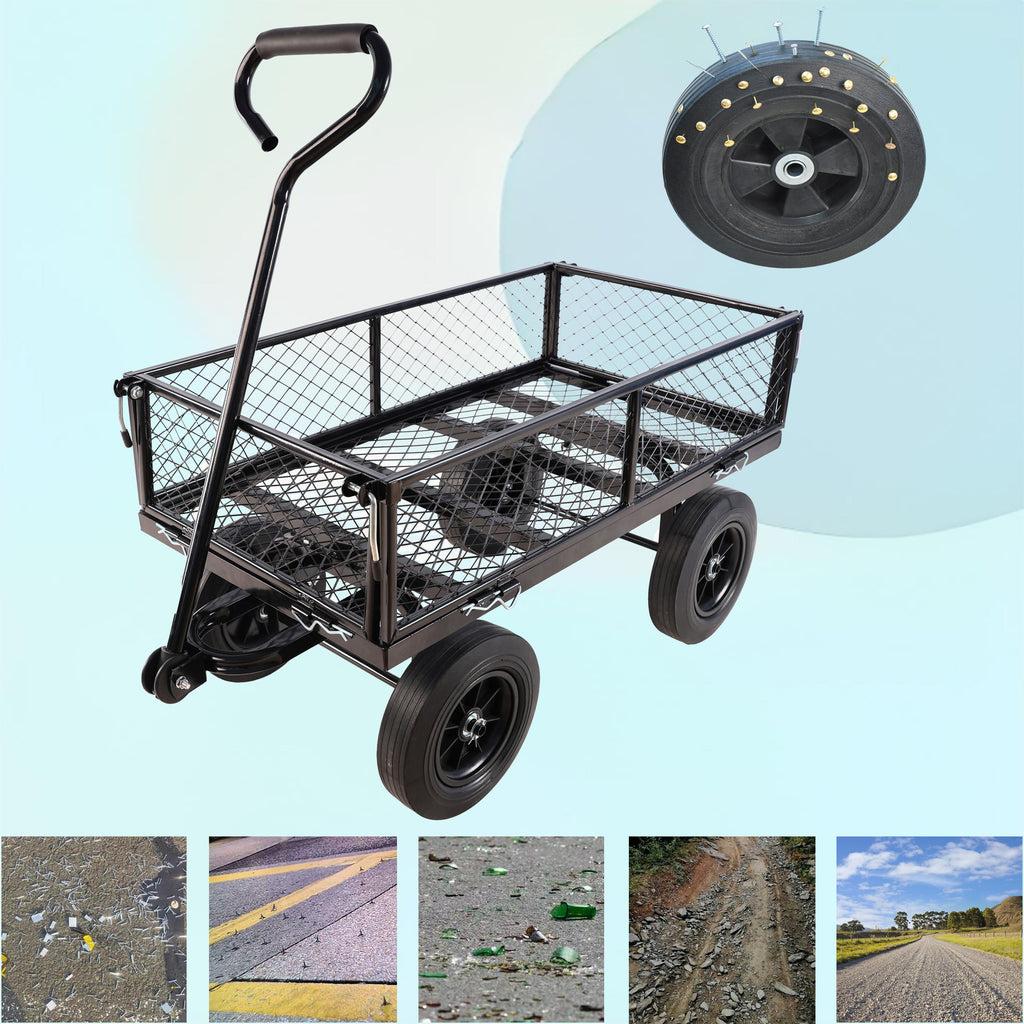 Leoglint (Black solid wheels wagon cart) Solid wheels Tools cart Wagon Cart Garden cart trucks make it easier to transport firewood