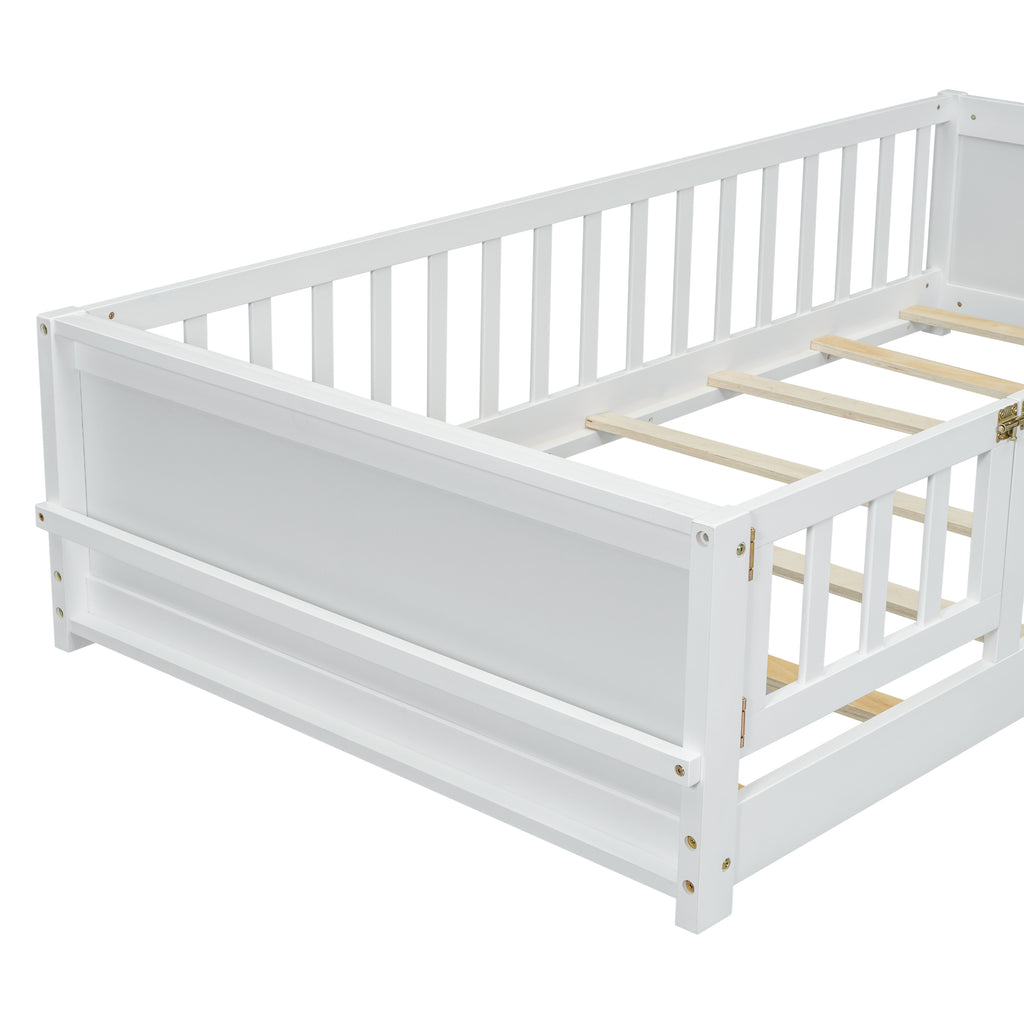 Leoglint Twin size Floor Platform Bed Frame with Built-in Book Storage Rack, Door,White