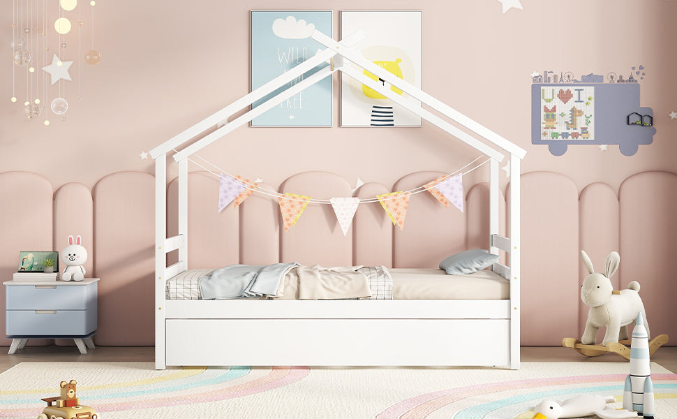 Leoglint Twin Size  House-shaped Bed Frame with Trundle,White