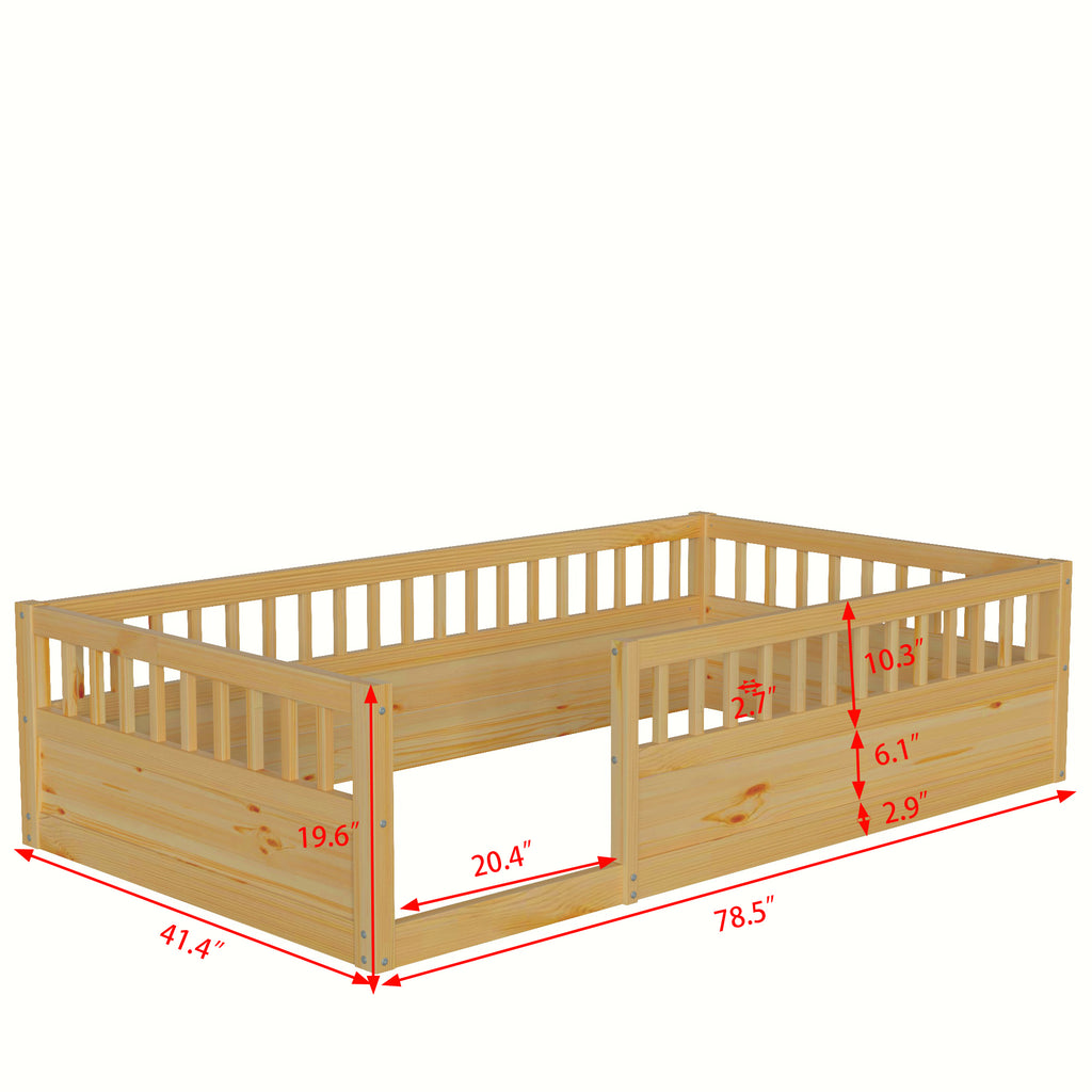 Twin Floor Bed Frame with Fence, Wood Kids Floor Beds Frame for Bedroom Playroom,Natural(Expect arrive date Jun. 21st)