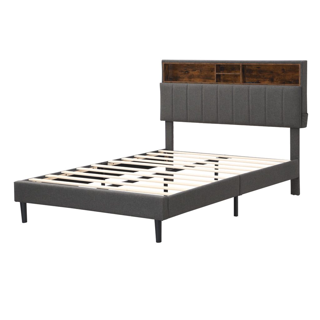 Leoglint Full size Upholstered Platform Bed with Storage Headboard and USB Port,  Linen Fabric Upholstered Bed (Gray)