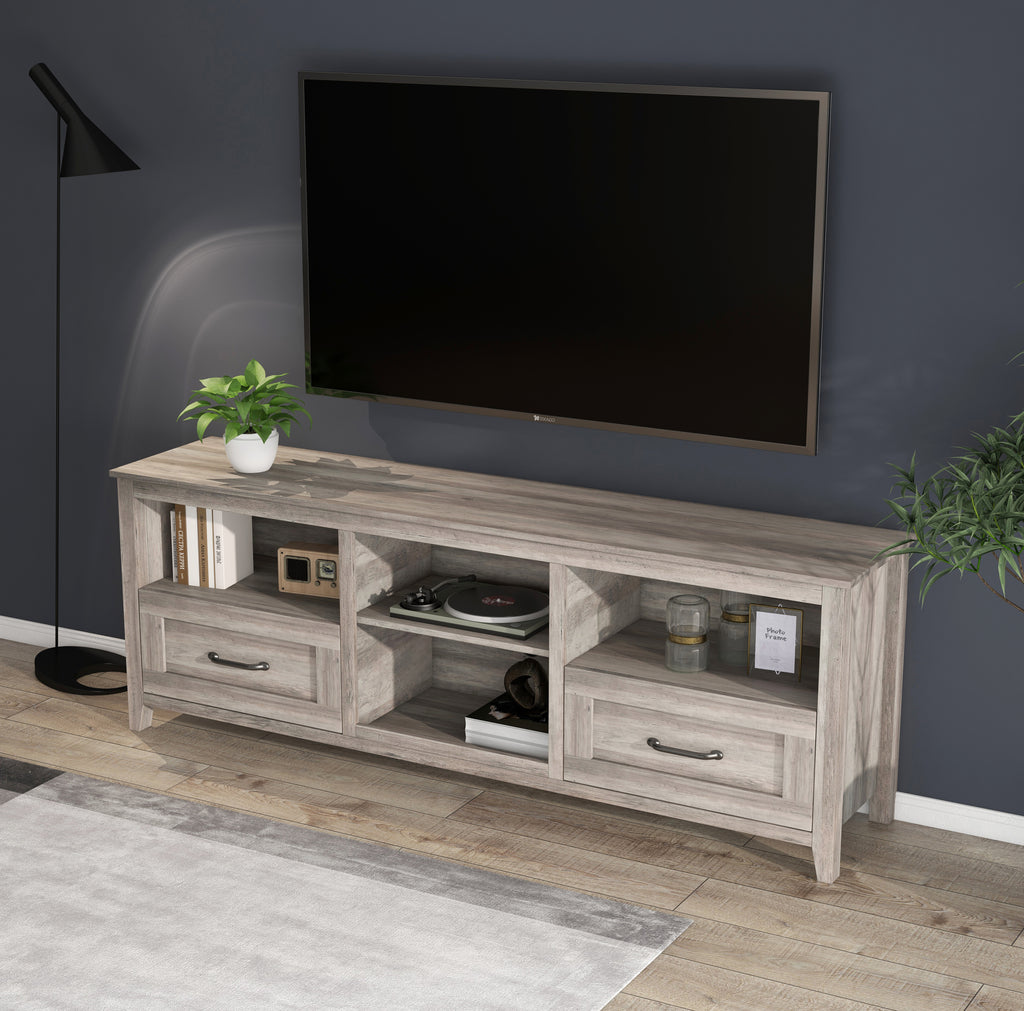 Leoglint 70.08 Inch Length TV Stand for Living Room and Bedroom, with 2 Drawers and 4 High-Capacity Storage Compartment, Grey Walnut