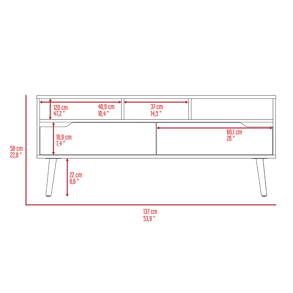 Leoglint Kobe Tv Stand for TV´s up 52", Three Open Shelves, Two Flexible Drawers, Dark Walnut