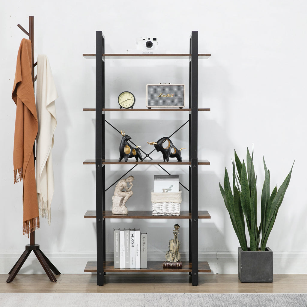 Leoglint 5-Shelf Vintage Industrial Rustic Bookshelf, 5 Tier Wood and Metal Bookcase, Open Etagere Book Shelf, Farmhouse Wooden Bookshelves, Vintage Brown