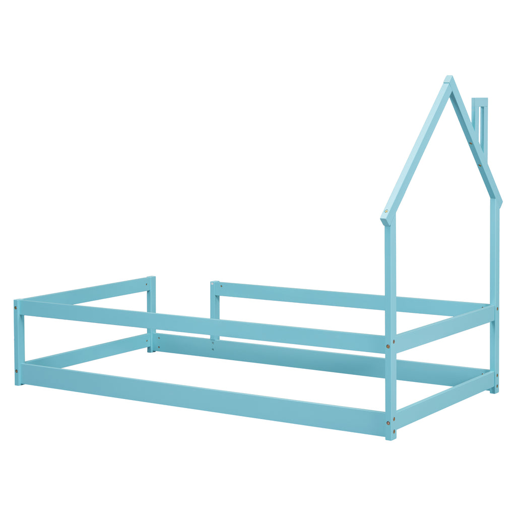 Leoglint Twin Size Wood bed Frame with House-shaped Headboard Floor bed with Fences,Light Blue