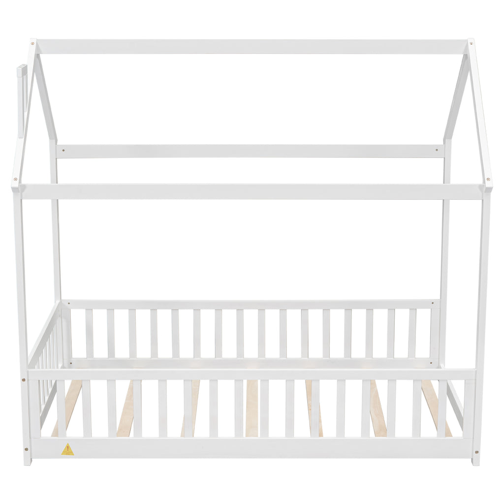 Twin House Bed Frame with Guardrails, Slats ,White