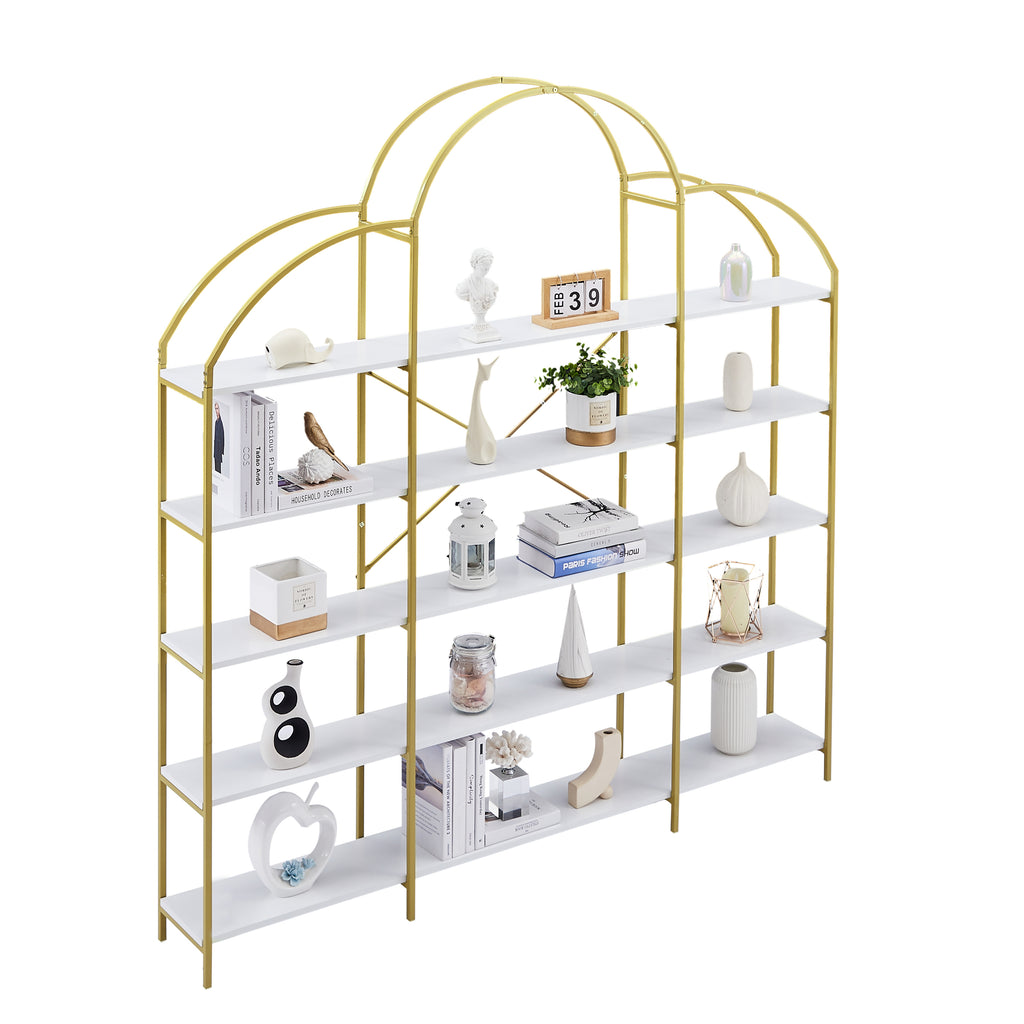 Leoglint 74.8 Inch 5 Tiers Office Bookcase Bookshelf, Display Shelf with Round Top, X Bar Gold Frame