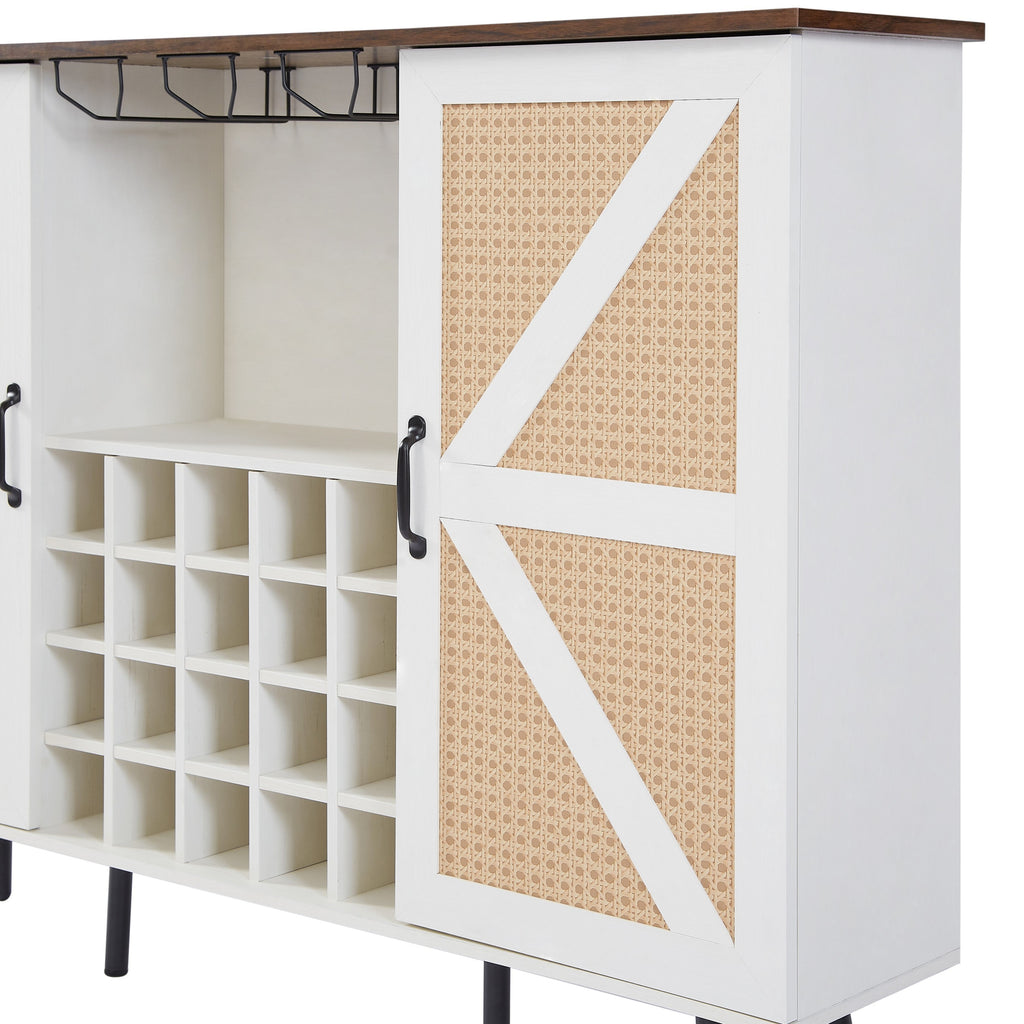 Leoglint Sideboard White Faux Rattan Barn Door Wine Cabinet with Wine Rack and Wine Glass Rack, Double Door Design with Removable Shelves, Rustic Wood Storage Cabinet