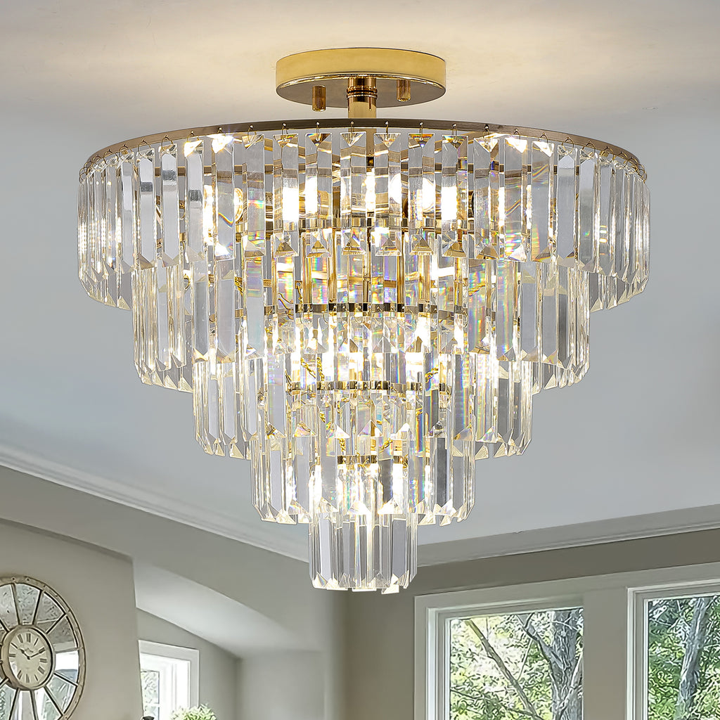 Leoglint Pendant Gold Crystal Chandeliers,5-Tier Round Semi Flush Mount Chandelier Light Fixture,Large Contemporary Luxury Ceiling Lighting for Living Room Dining Room Bedroom Hallway