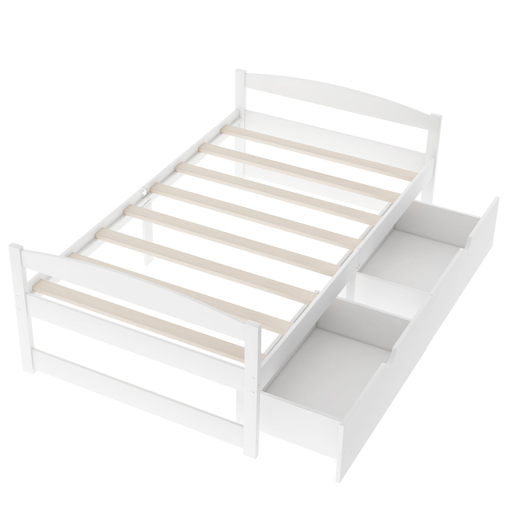 Leoglint Twin size platform bed frame, with two drawers, white