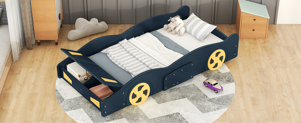 Leoglint Twin Size Race Car-Shaped Platform Bed Frame with Wheels and Storage, Dark Blue+Yellow