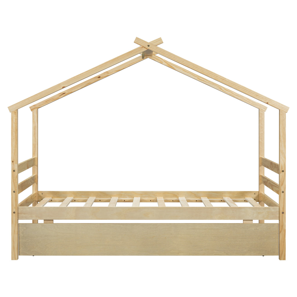 Leoglint Twin Size  House-shaped Bed Frame with Trundle,Natural