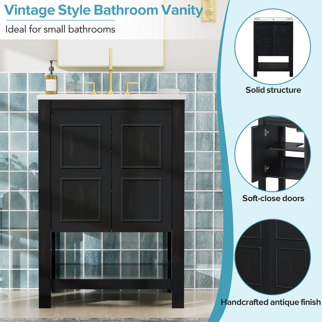 Leoglint 24x18.3x34.7 Inches Compact Vintage Style Bathroom Vanity Cabinet and Ceramic Sink Combo with Open Shelf-2 Soft-close Doors