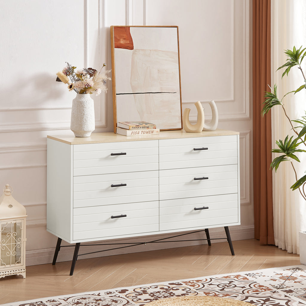 Leoglint 6 Drawer Chest Drawer Dresser for Bedroom with Deep Drawers, Wood Dressers & Chest of Drawers, Modern White Long Dressers for Closet Living Room, 47.2"W x 15.7"D x 31.5"H, White & oak