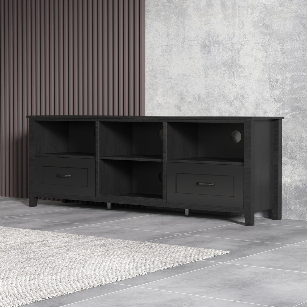 Leoglint 70.08 Inch Length Black TV Stand for Living Room and Bedroom, with 2 Drawers and 4 High-Capacity Storage Compartment.