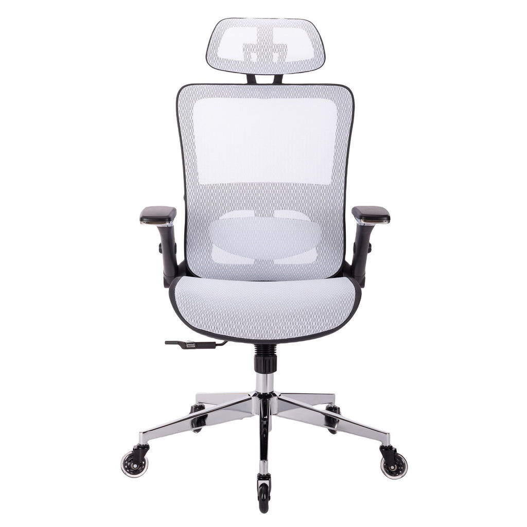 Leoglint WHITE Ergonomic Mesh Office Chair, High Back - Adjustable Headrest with Flip-Up Arms, Tilt and lock Function, Lumbar Support and blade Wheels, KD chrome metal legs