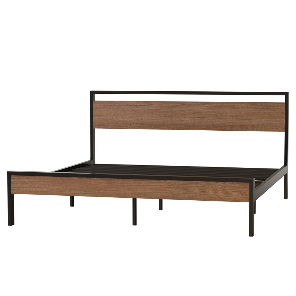 Leoglint Bed Frame Ceres Metal Bed, Black with Cinnamon Wood Headboard&Footboard, King