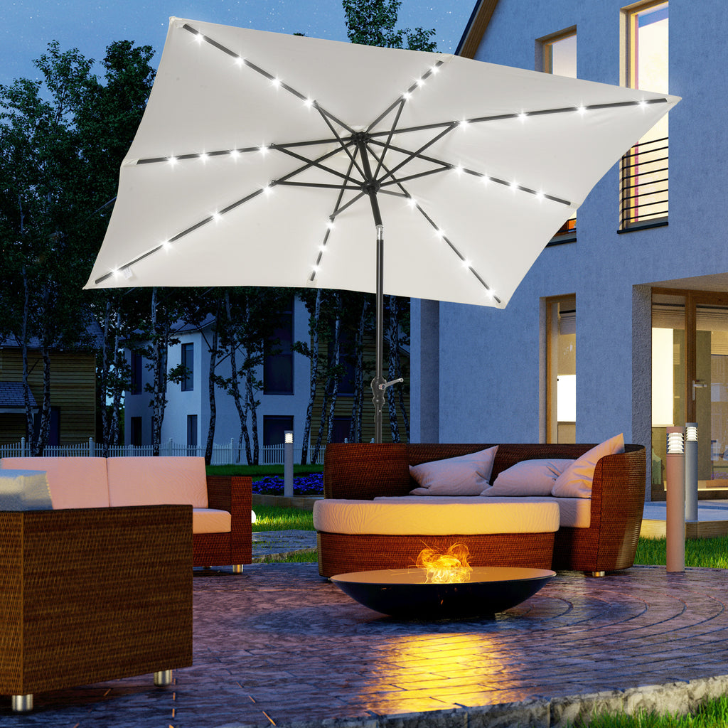 Leoglint 9' x 7' Solar Umbrella, LED Lighted Patio Umbrella for Table or Base with Tilt & Crank, Outdoor Umbrella for Garden, Deck, Backyard, Pool, Beach, White