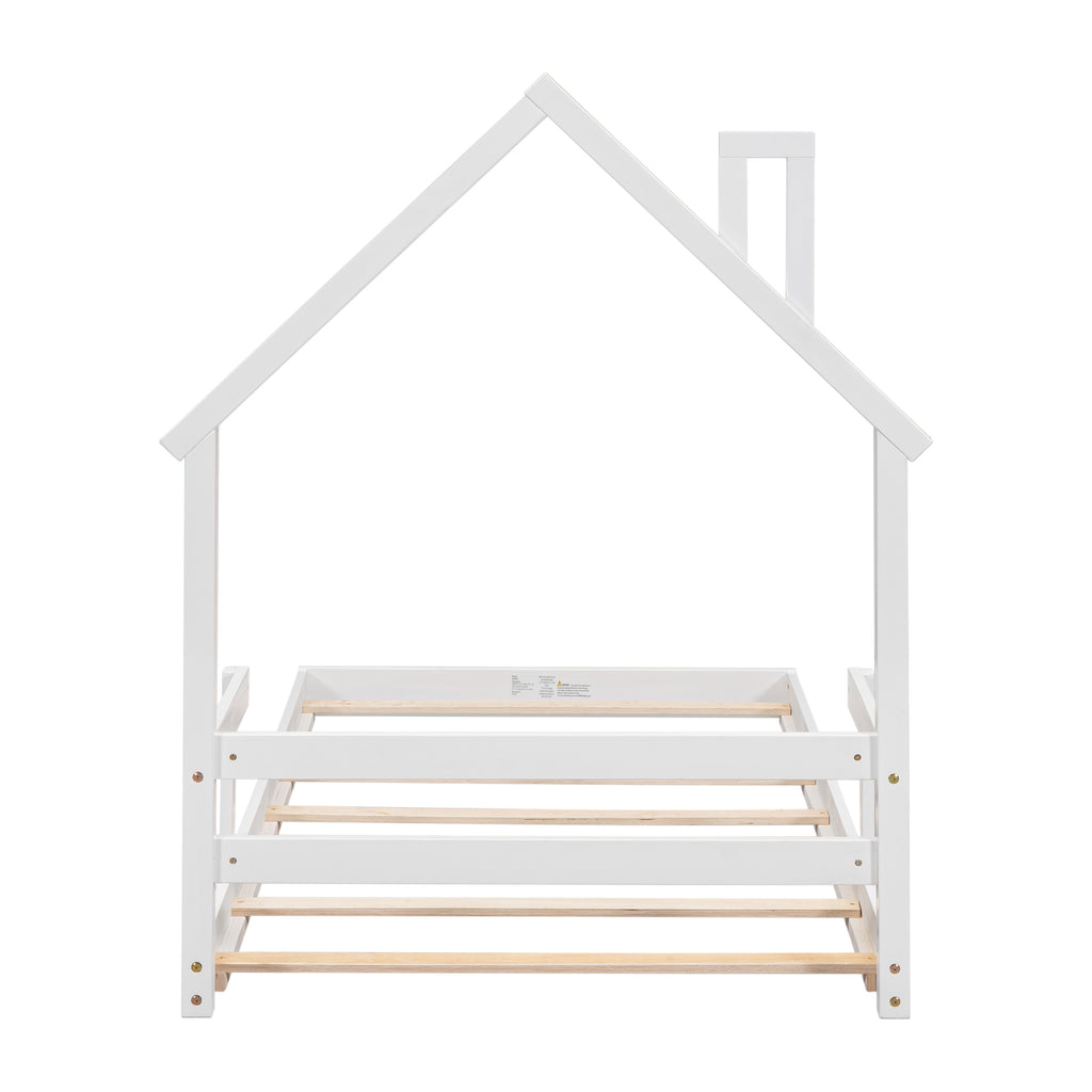 Twin House-Shaped Headboard Floor Bed Frame with Handrails ,slats,White