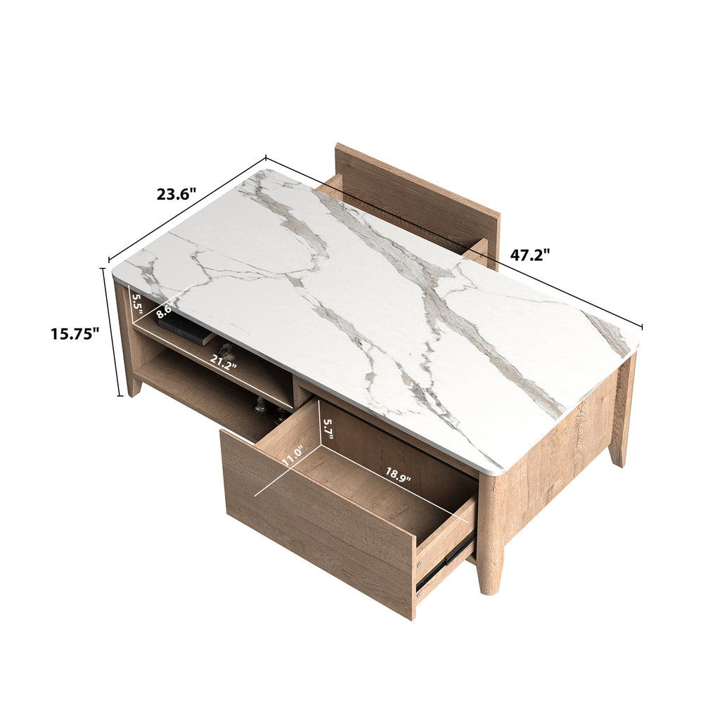 Leoglint 47 Inch Modern Farmhouse Double Drawer Coffee Table for Living Room or Office , Tobacco Wood and White Marble