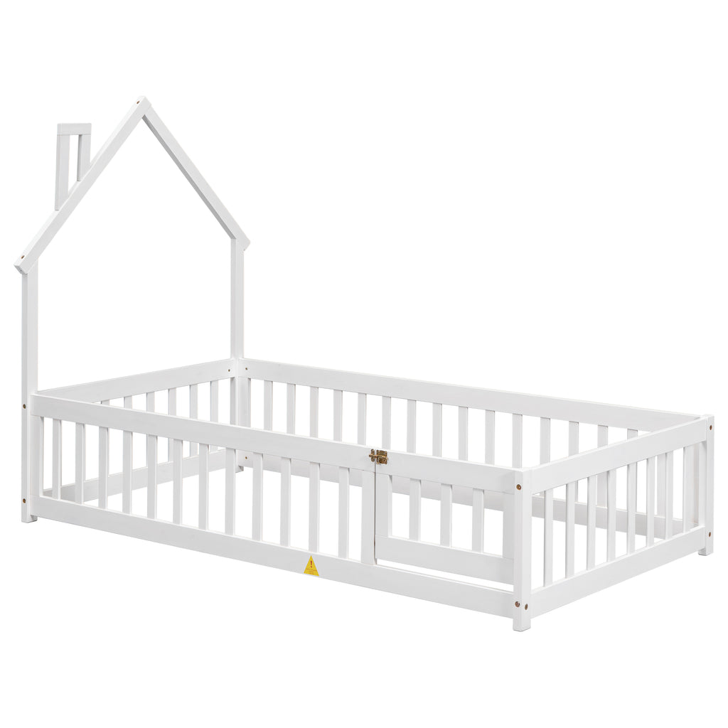 Twin House-Shaped Headboard Floor Bed Frame with Fence,White